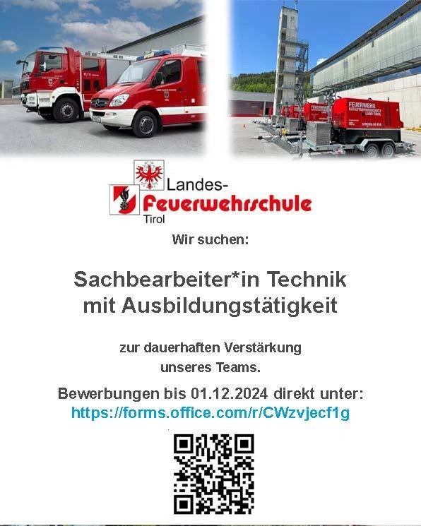 🌟 Wir suchen Verstärkung! 🌟

🔍 Position: Sachbearbeiter*in Technik mit Ausbildungstätigkeit an der Landes-Feuerwehrschule Tirol
🕒 Arbeitszeit: Vollzeit (40 Stunden/Woche)
🌴 Durchgängiger Urlaub im Sommer / 2 Wochen im Winter
🅿️ Kostenlose Parkmöglichkeiten
👕 Dienstkleidung
💼 Sicherer Arbeitsplatz mit pünktlichem Gehalt
💰 Gehaltsschema Land Tirol - Einstufung Klasse Ic/3
👉 Bewirb dich jetzt!
www.feuerwehr.tirol/bewerbung
#Feuerwehr #Tirol #Karriere #Stellenausschreibung #JobOpportunity